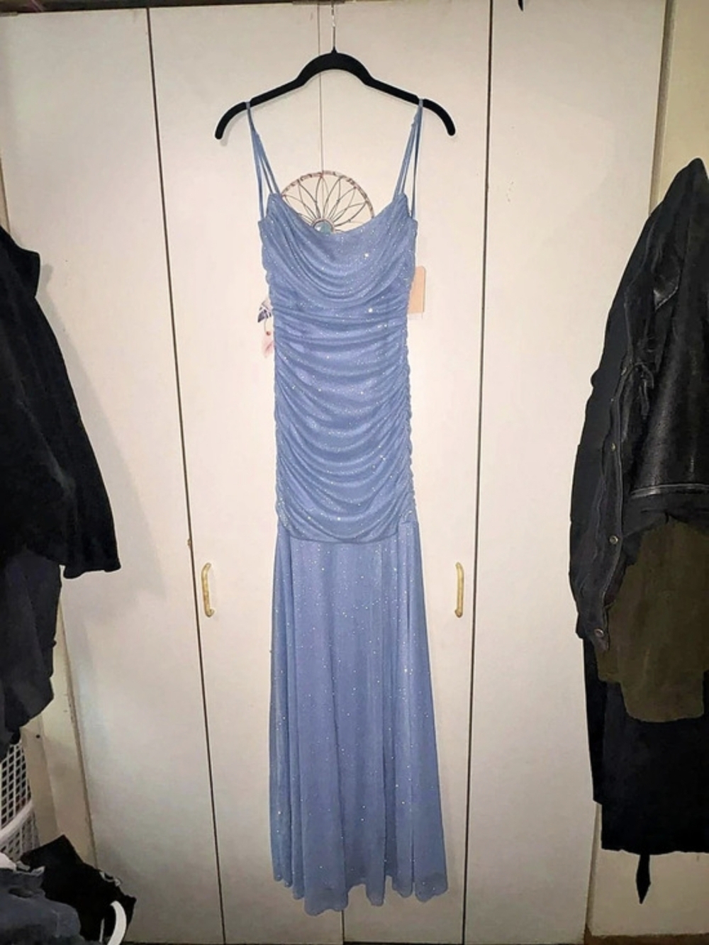 B. Darlin Ruched Sparkle Maxi Dress in Blue